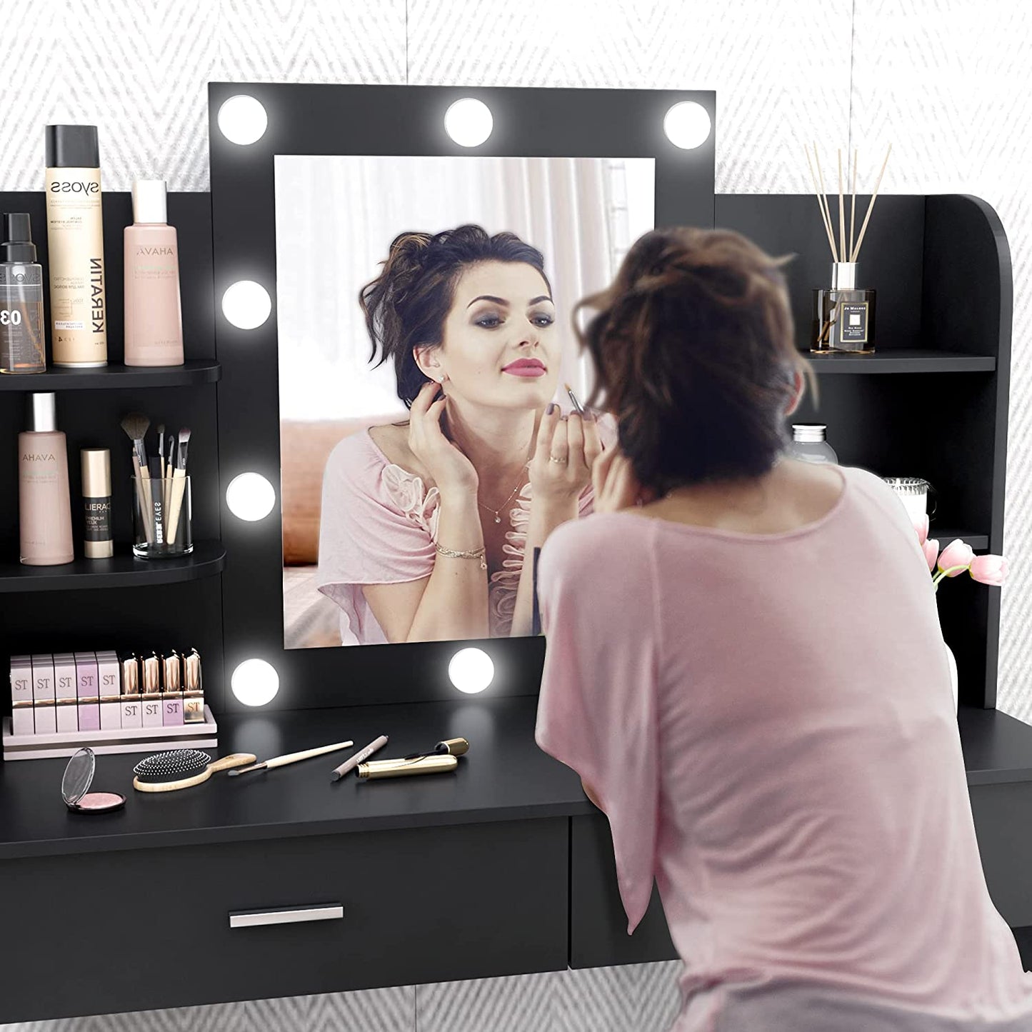 Dressing Table: Desk with 10 Light Bulbs Black Dressing Table