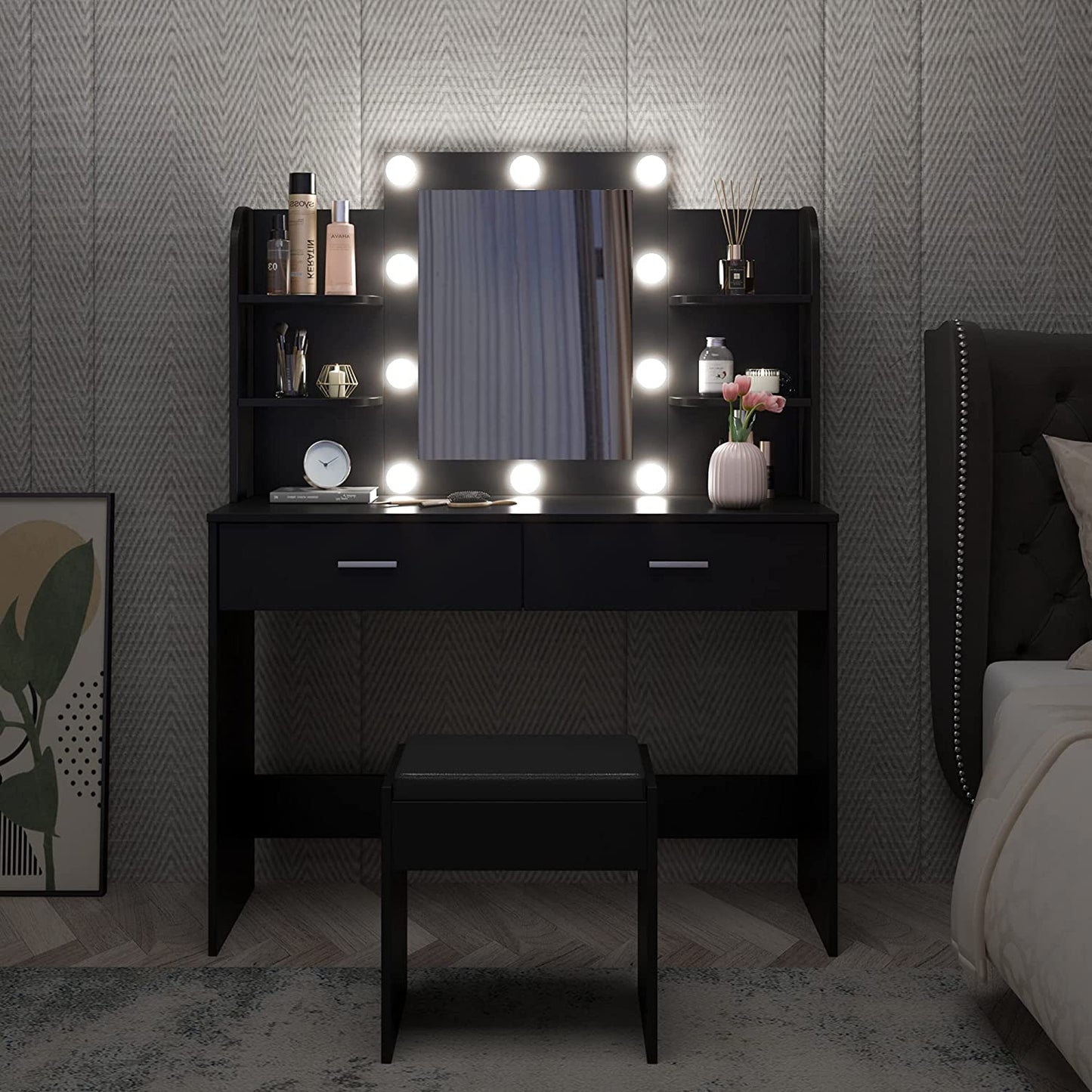 Dressing Table: Desk with 10 Light Bulbs Black Dressing Table