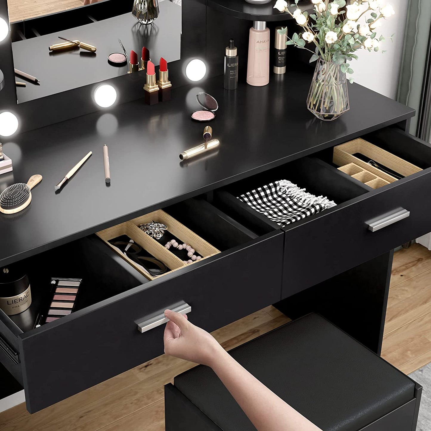 Dressing Table: Desk with 10 Light Bulbs Black Dressing Table