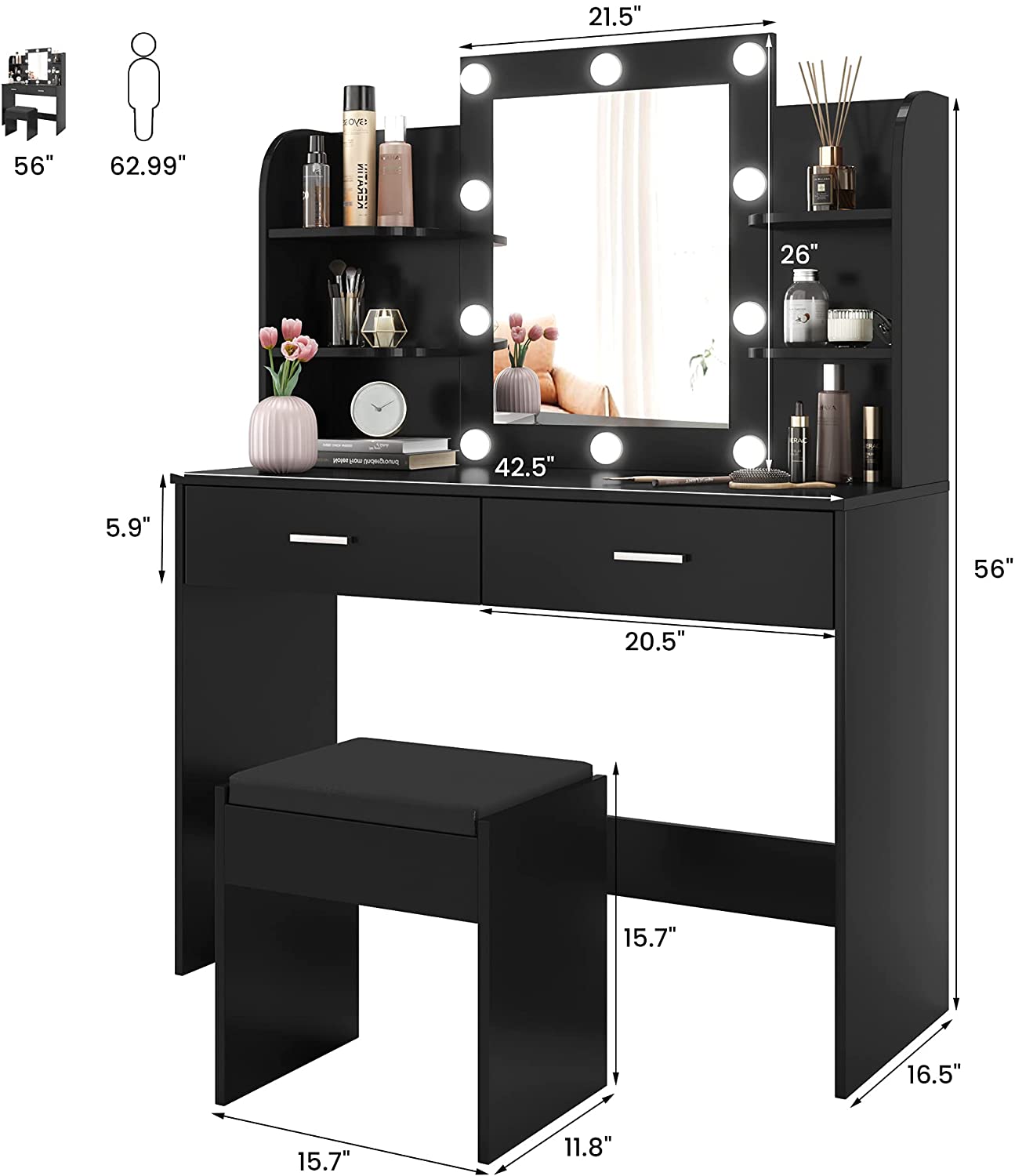 Dressing Table: Desk with 10 Light Bulbs Black Dressing Table