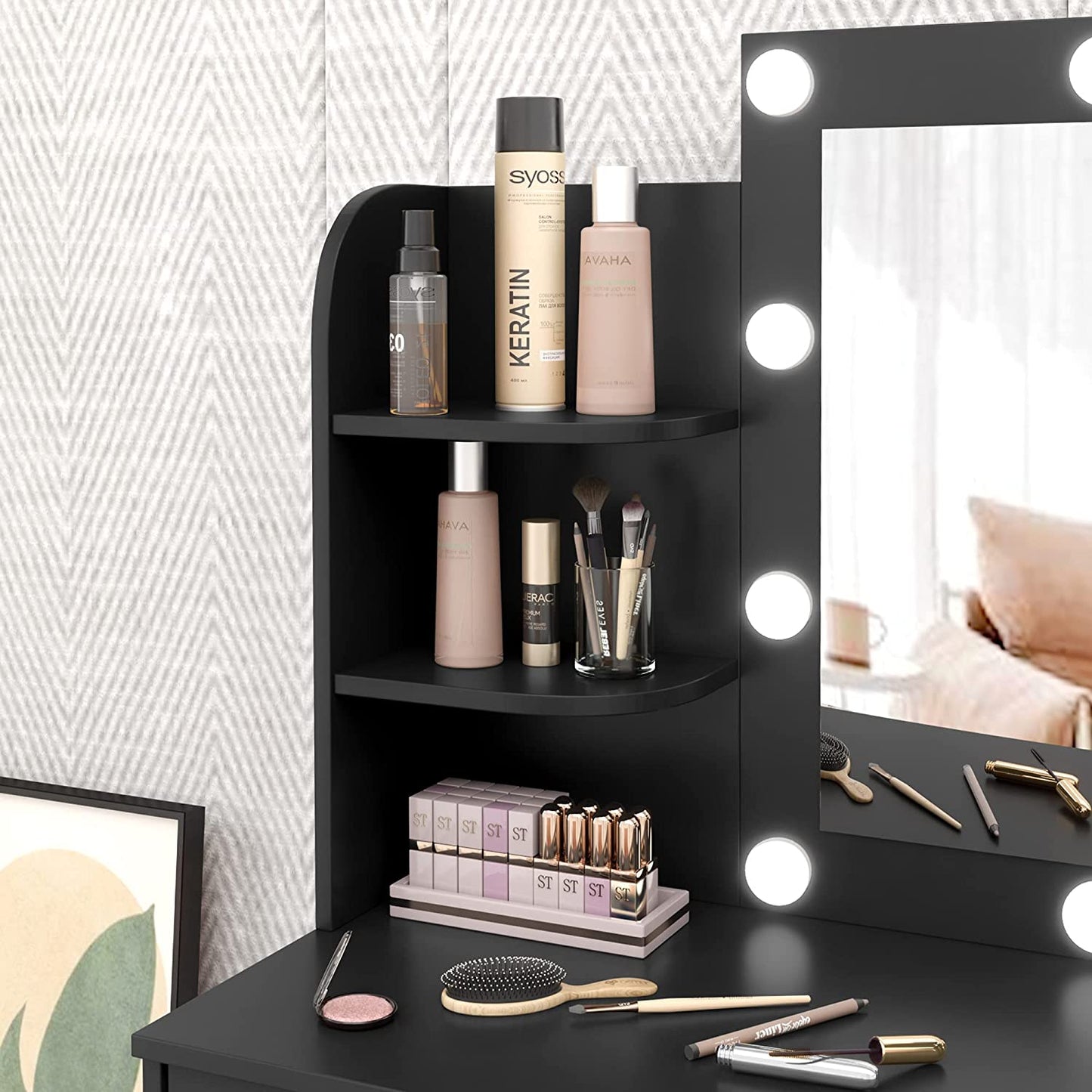 Dressing Table: Desk with 10 Light Bulbs Black Dressing Table
