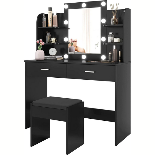 Dressing Table Desk with 10 Light Bulbs Black Dressing Table