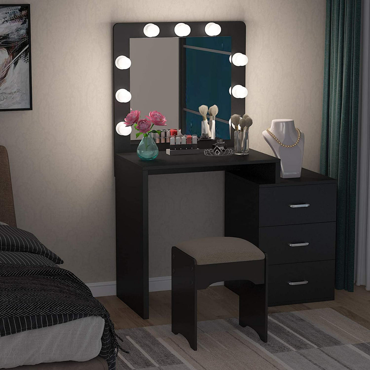 Dressing Table: Dresser Desk for Women, Girls, Bedroom(Black)