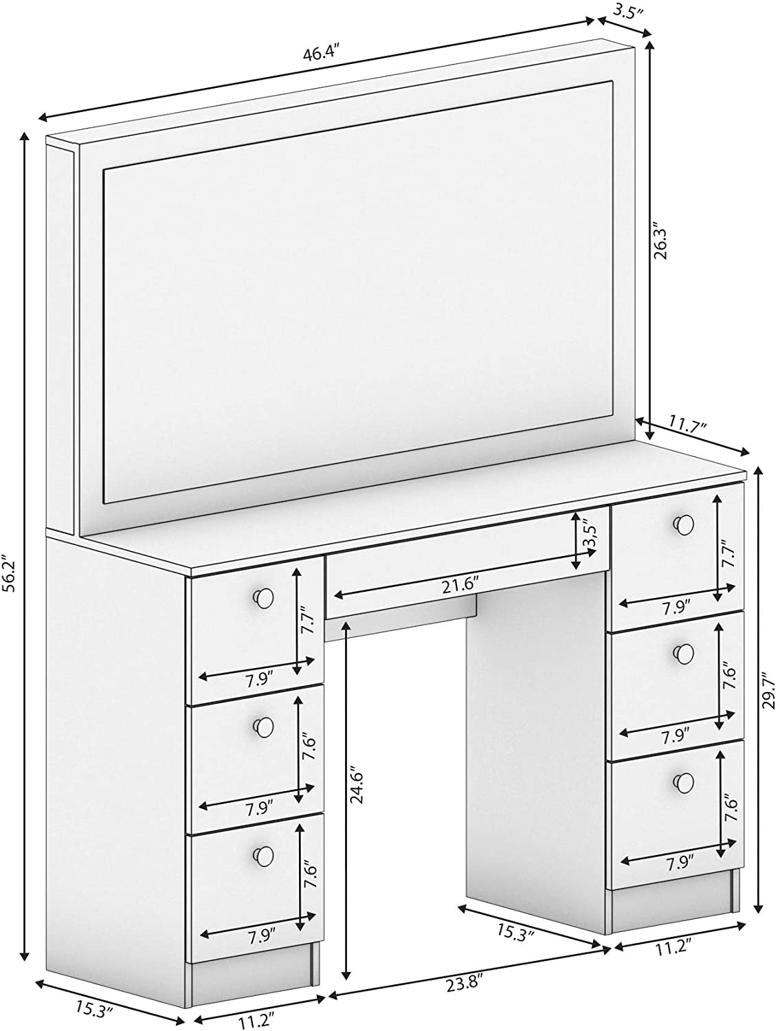 Dressing Table: Full Width Mirror White Dressing Table