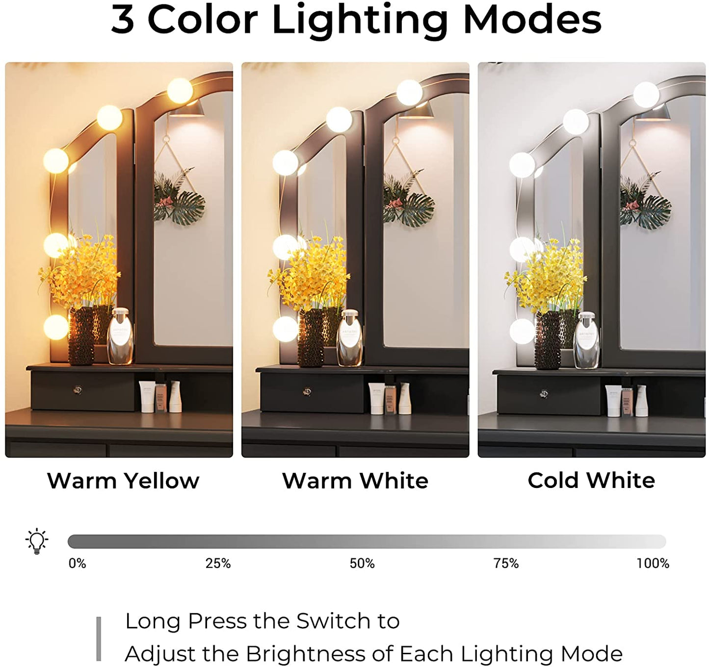 Dressing Table: LED Light Bulbs & 3 Color Lighting Modes Black Dressing Table