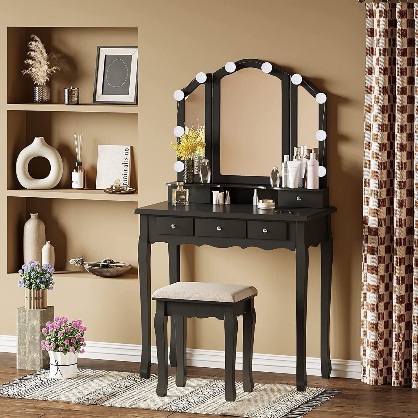Dressing Table: LED Light Bulbs & 3 Color Lighting Modes Black Dressing Table