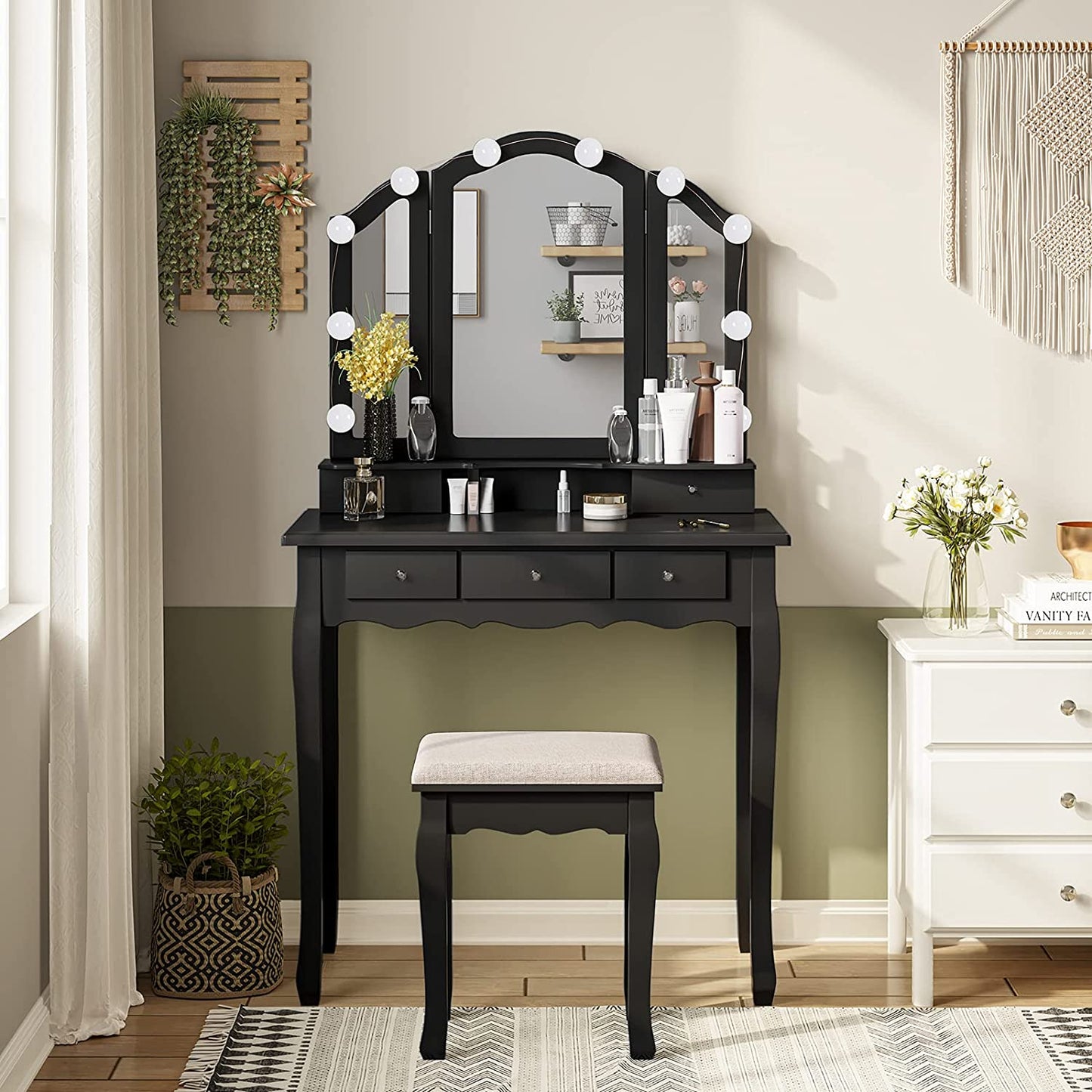 Dressing Table: LED Light Bulbs & 3 Color Lighting Modes Black Dressing Table