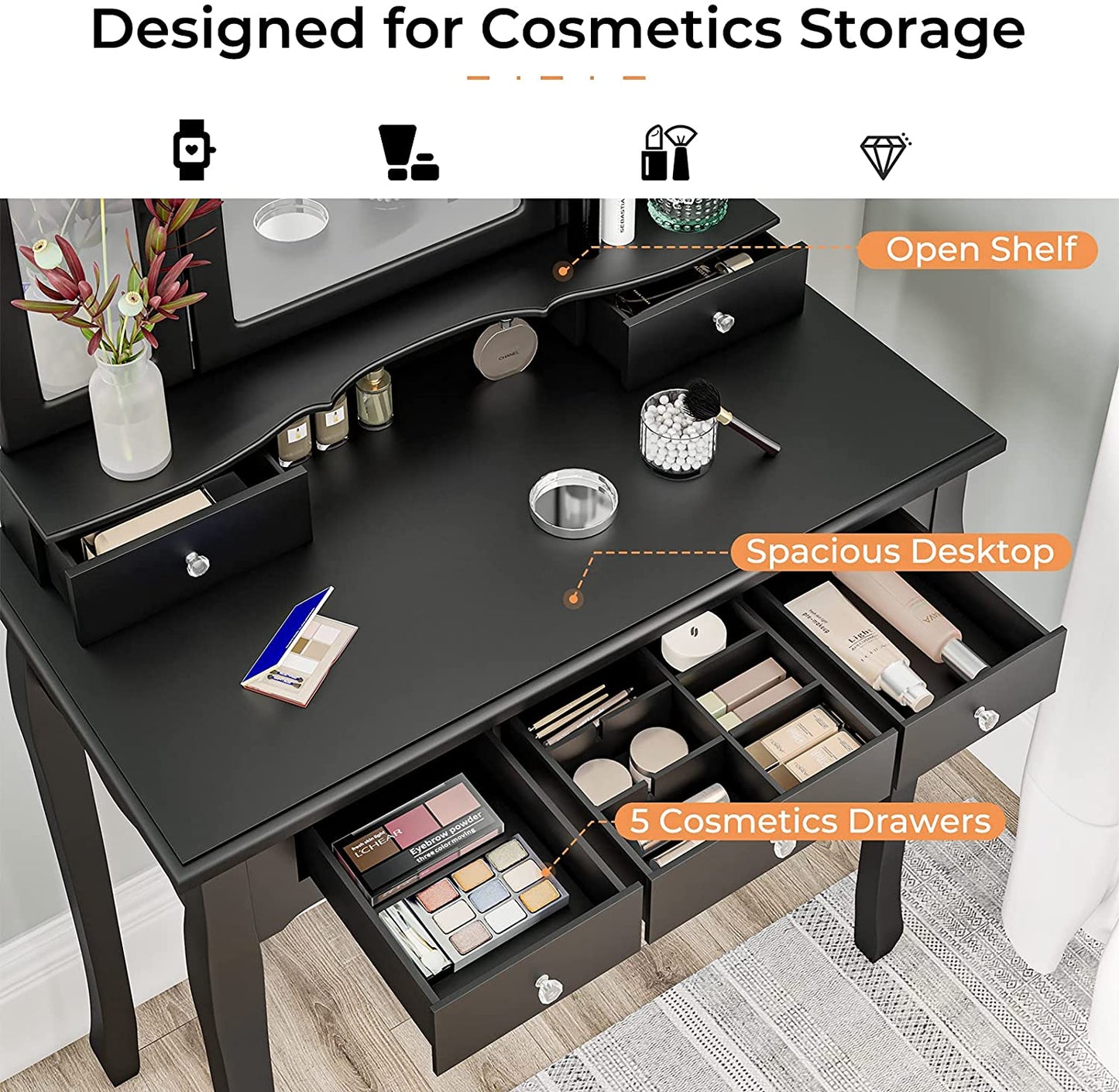 Dressing Table: LED Light Bulbs & 3 Color Lighting Modes Black Dressing Table
