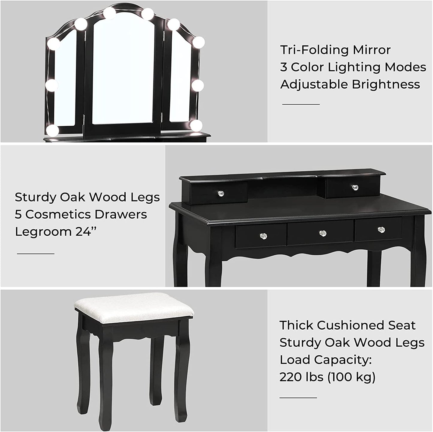 Dressing Table: LED Light Bulbs & 3 Color Lighting Modes Black Dressing Table