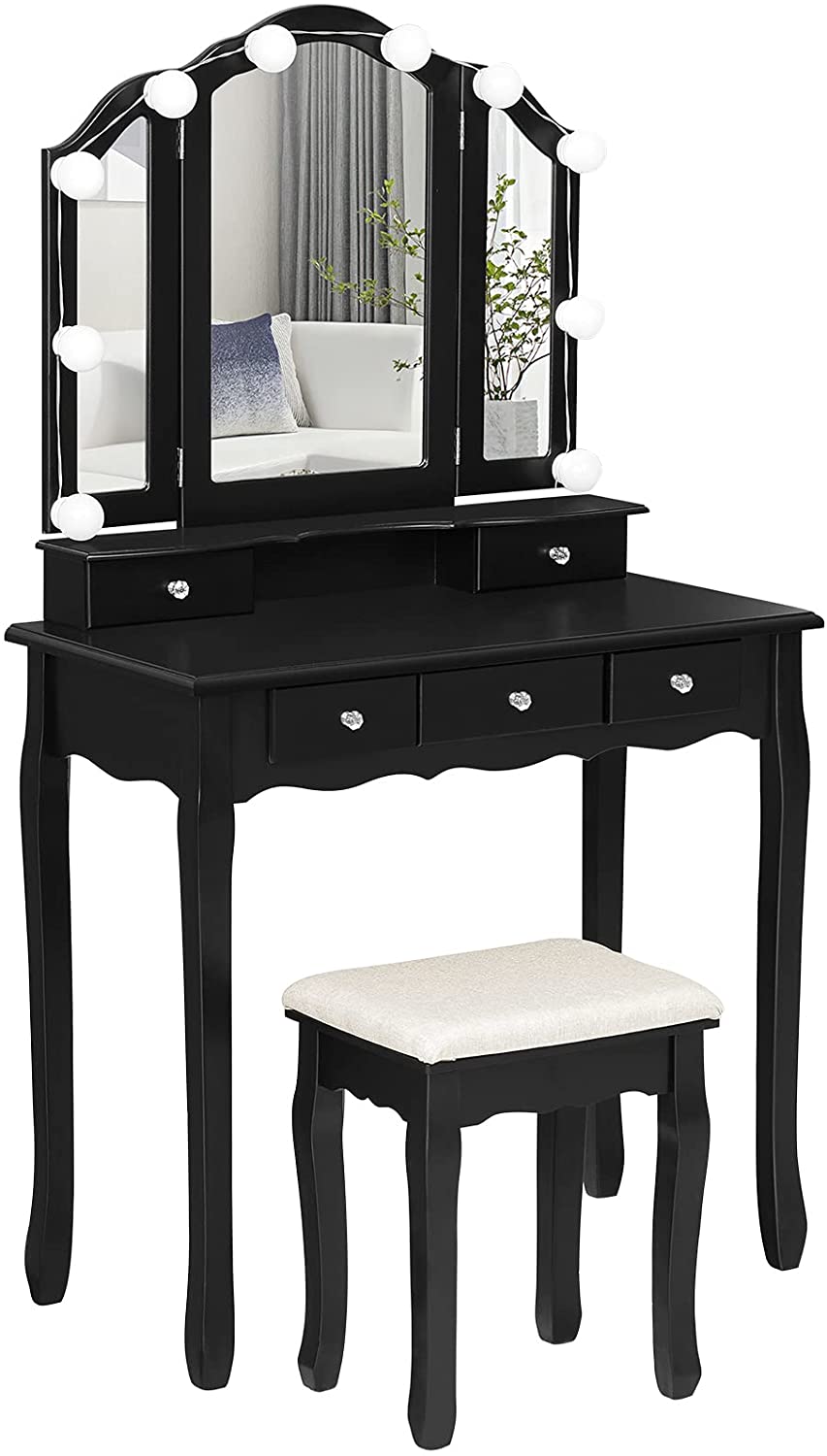 Dressing Table: LED Light Bulbs & 3 Color Lighting Modes Black Dressing Table
