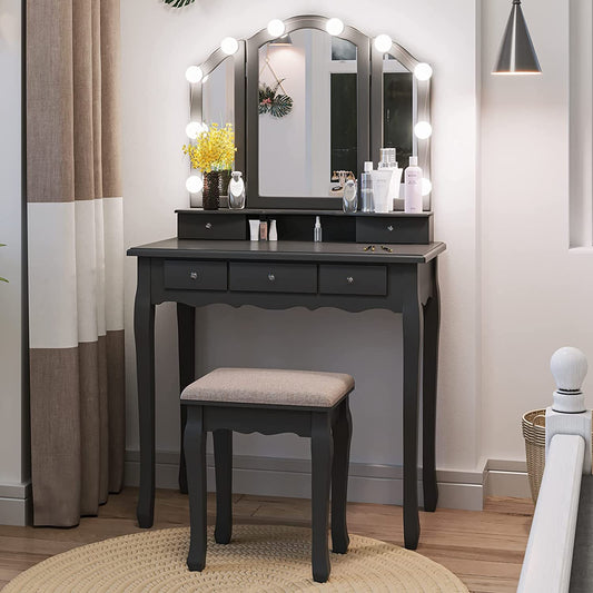 Dressing Table: LED Light Bulbs & 3 Color Lighting Modes Black Dressing Table