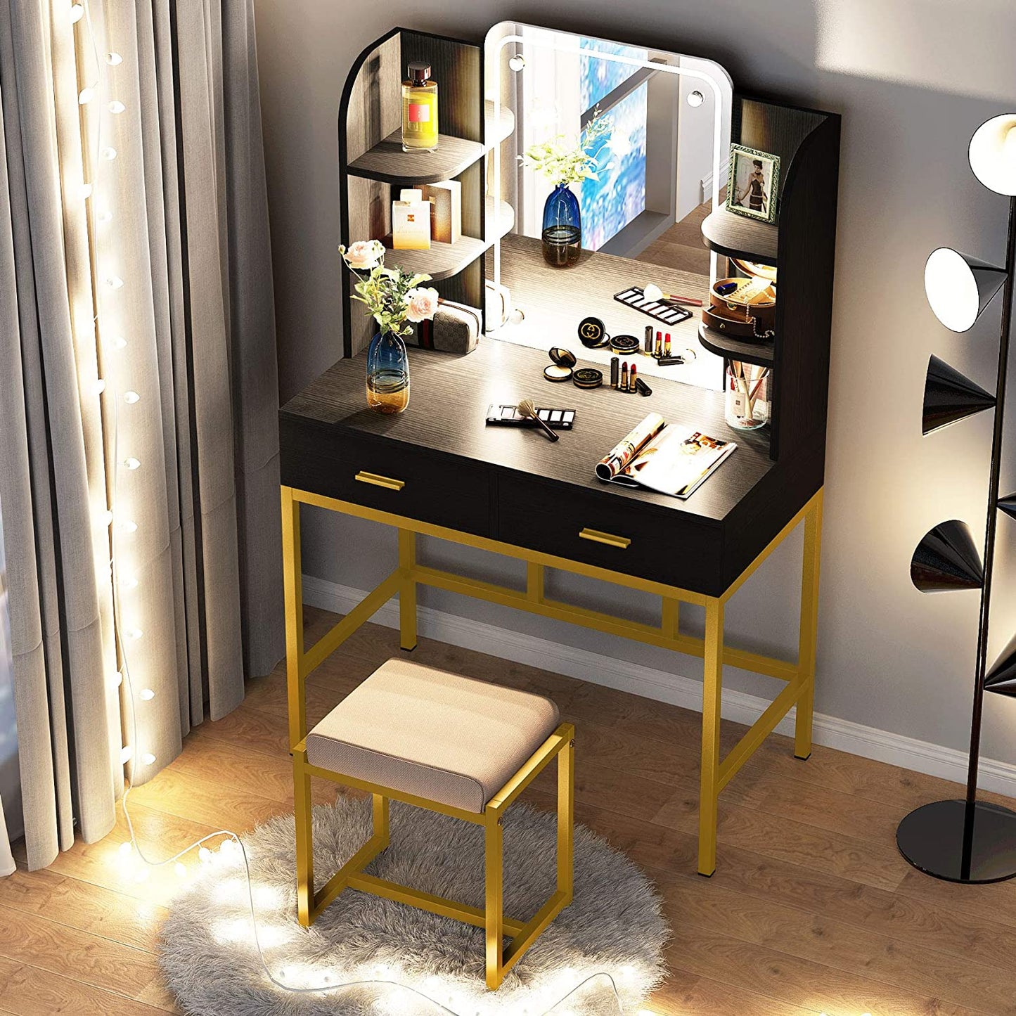 Dressing Table: LED Lighted Mirror Black Dressing Table