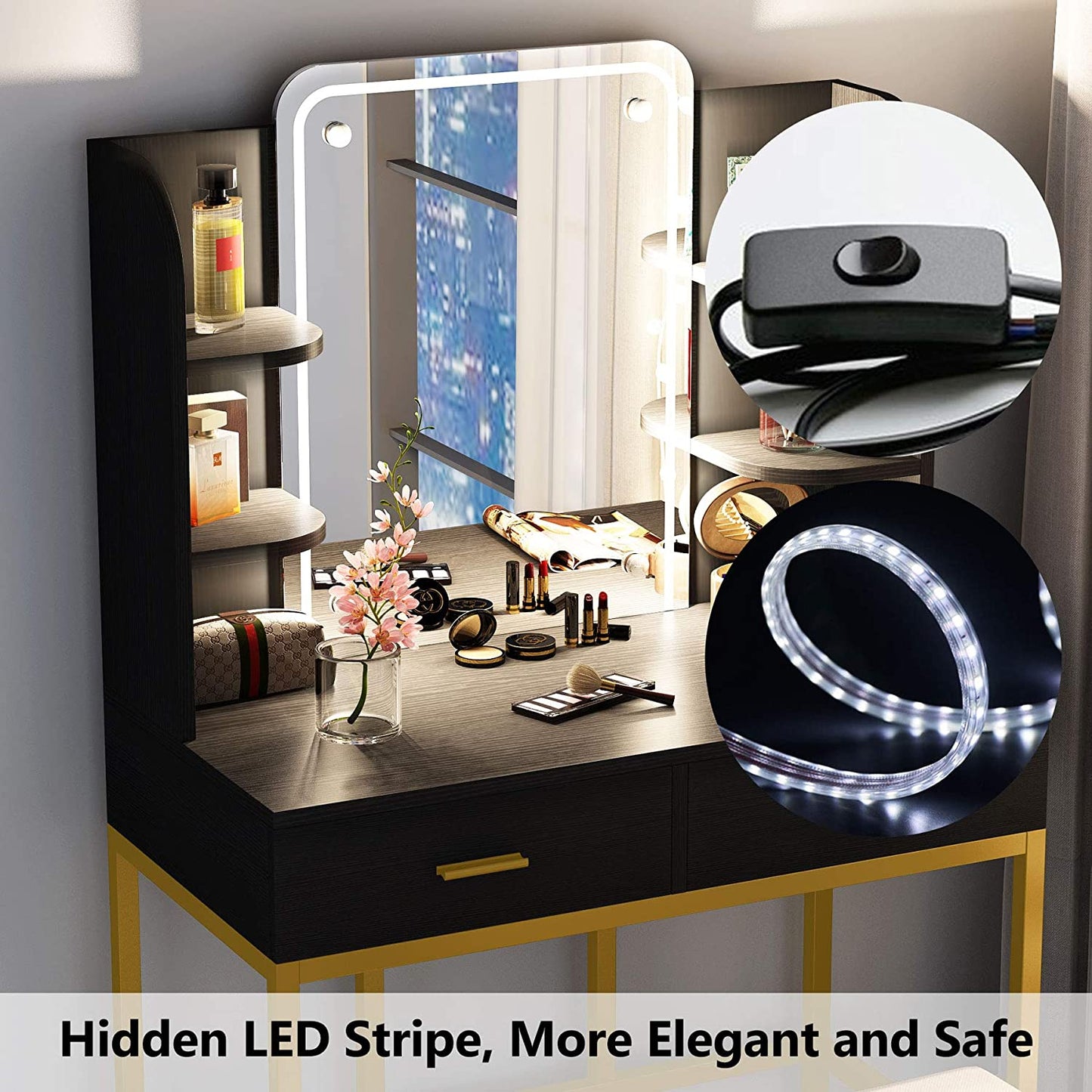 Dressing Table: LED Lighted Mirror Black Dressing Table