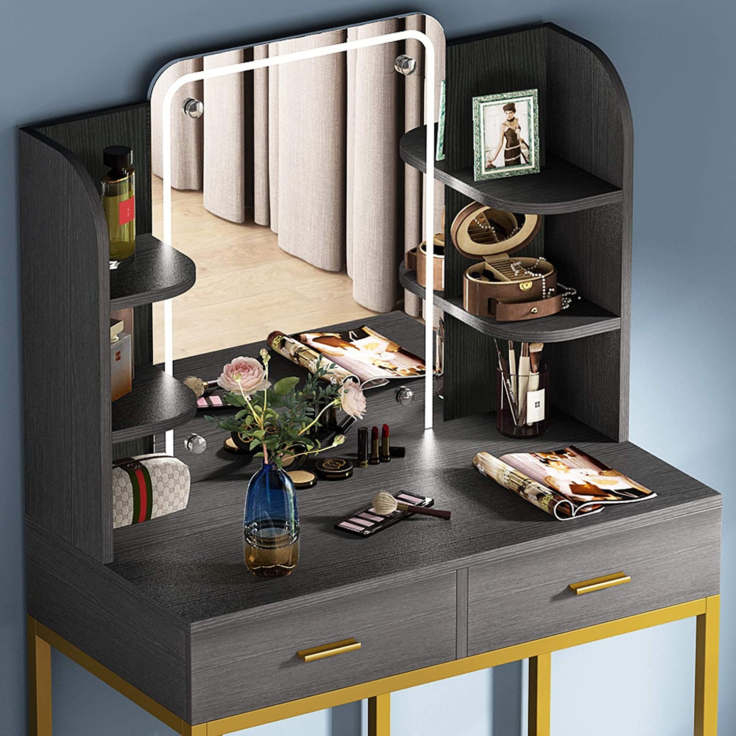 Dressing Table: LED Lighted Mirror Black Dressing Table