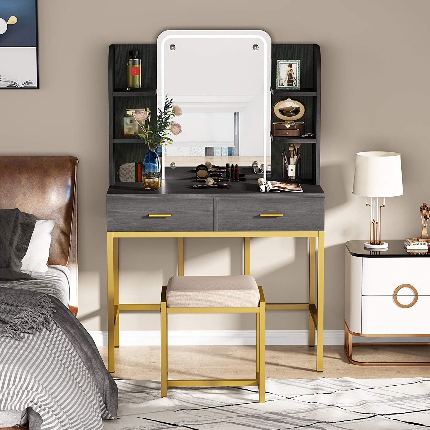 Dressing Table: LED Lighted Mirror Black Dressing Table