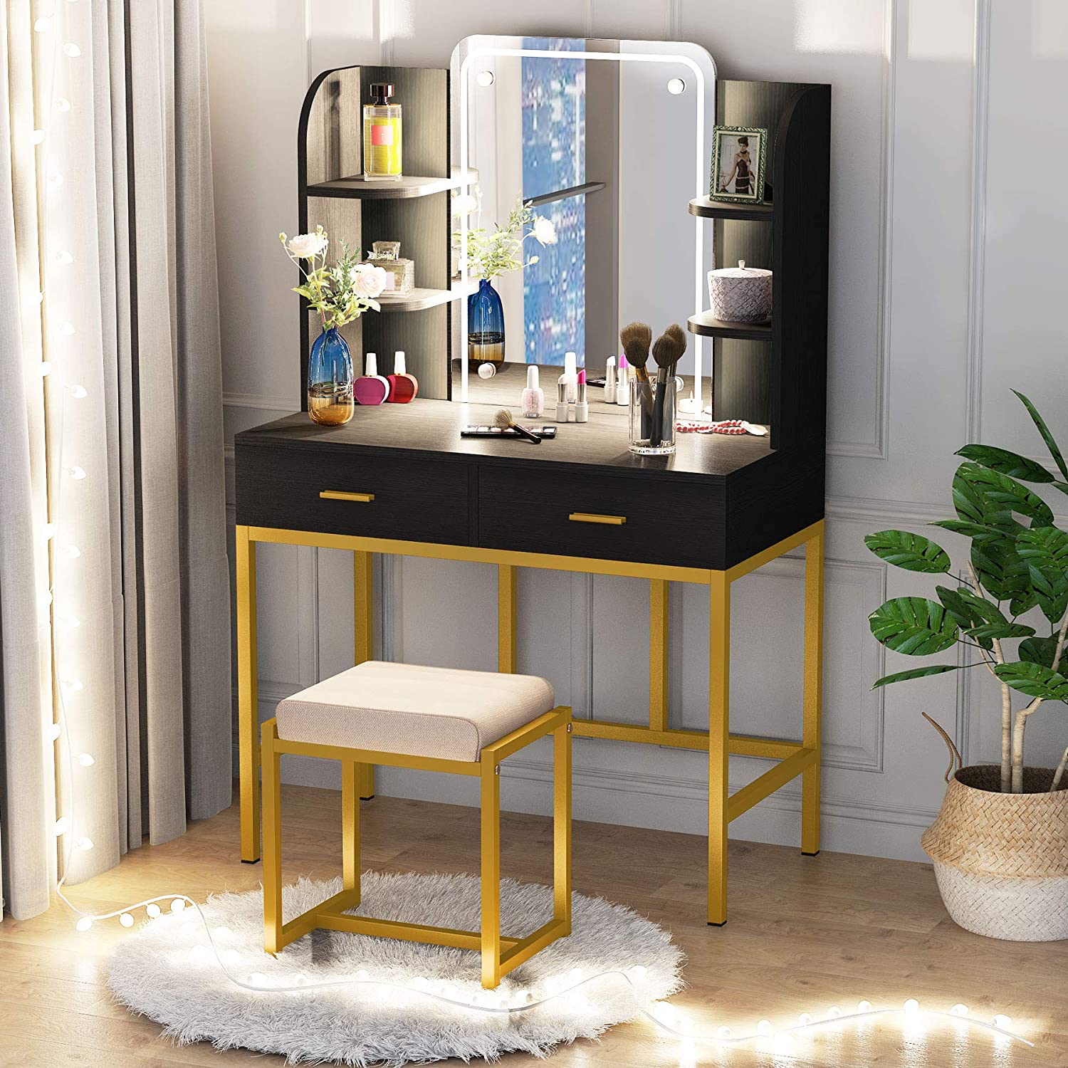 dressing table mirror design with lights 5 Drawers Minimalist Dressing Table with Circle Backlit Mirror 39IN
