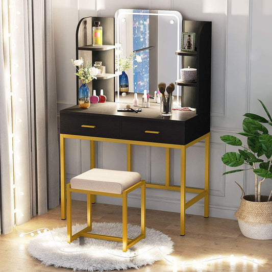 Dressing Table: LED Lighted Mirror Black Dressing Table