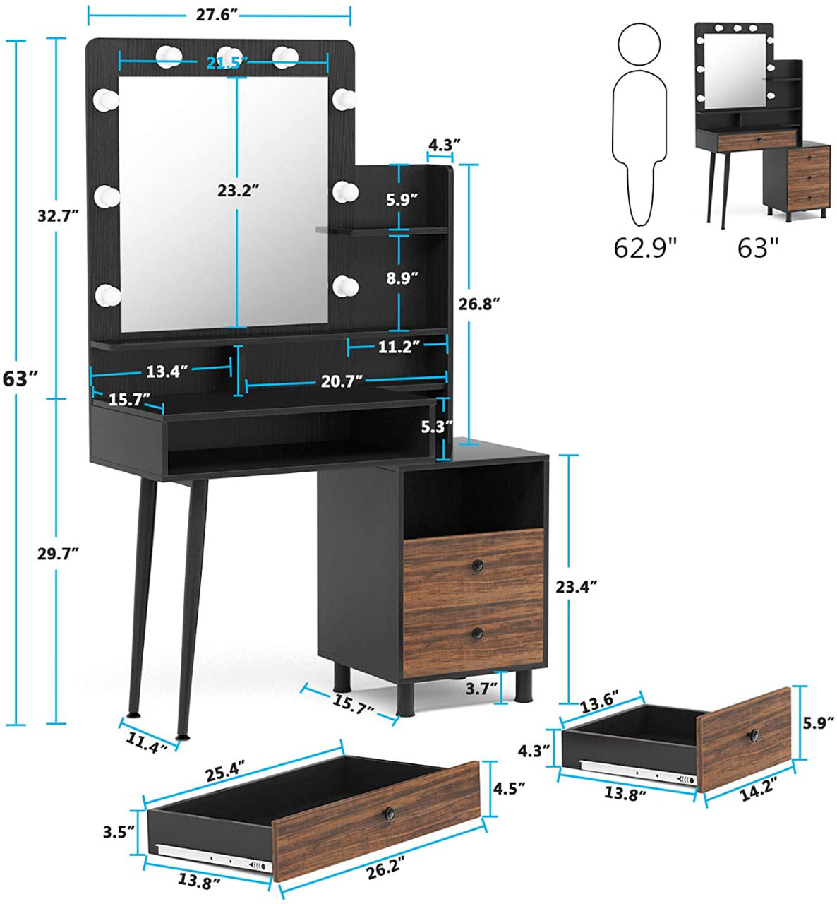 Dressing Table: Large Drawer and 3-Drawer Chest, Dresser Table for Women