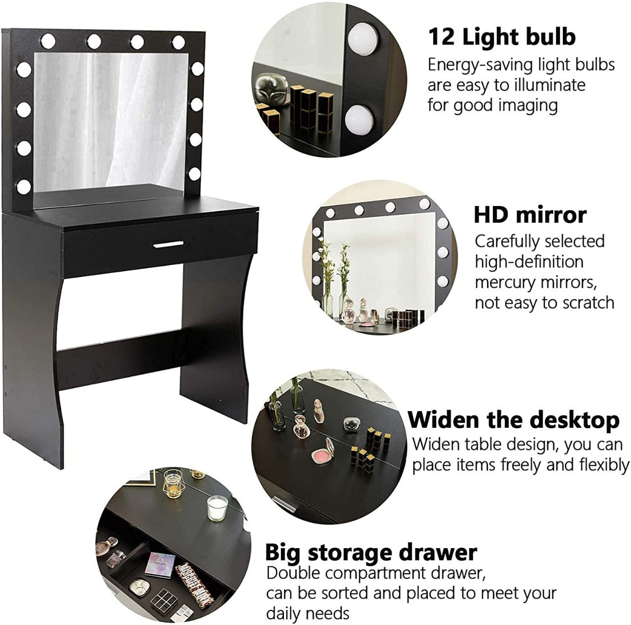 Dressing Table: Lighted Mirror Black and White Dressing Table