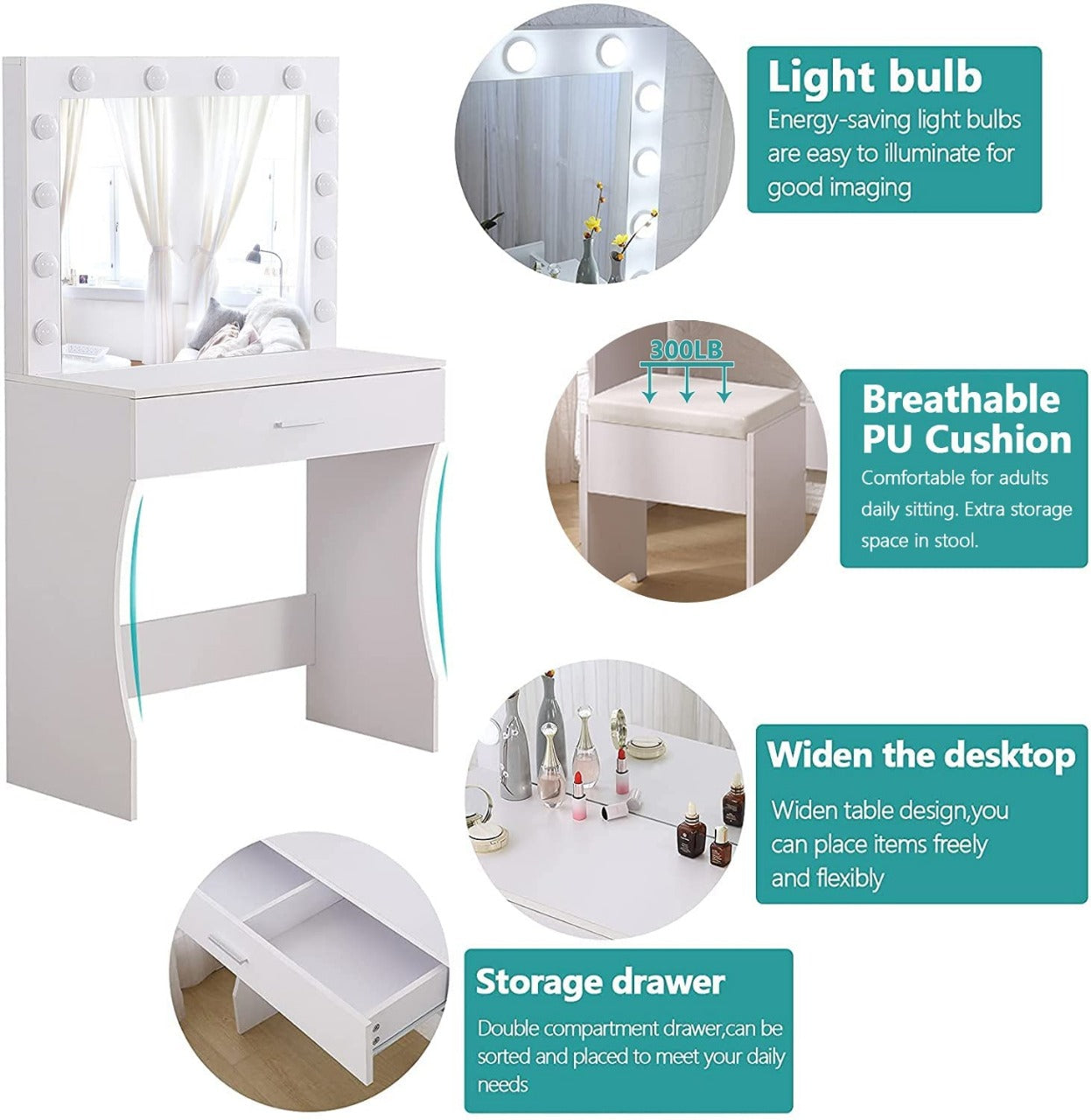 Dressing Table: Lighted Mirror Black and White Dressing Table