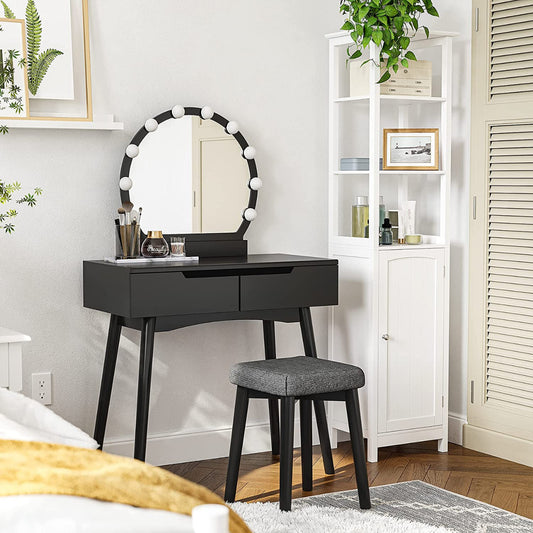Dressing Table  Makeup Table Desk with Large Round Mirror, 2 Sliding Drawers, 1 Cushioned Stool for Bedroom, Bathroom( Black)