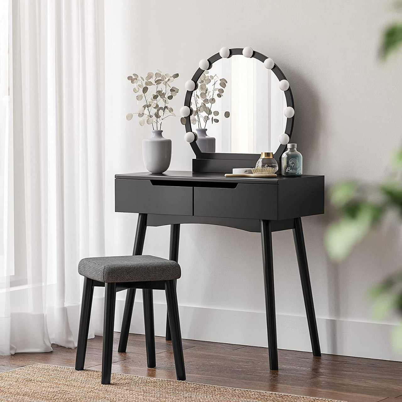 Dressing Table Makeup Table Desk with Large Round Mirror, 2 Sliding Drawers, 1 Cushioned Stool for Bedroom, Bathroom( Black)