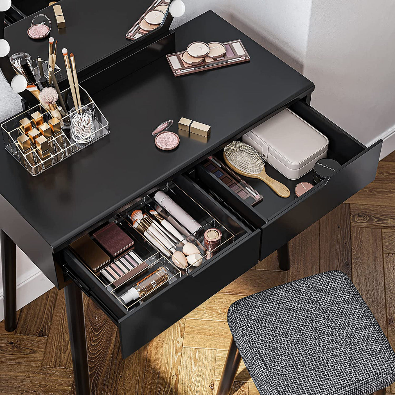 Dressing Table Makeup Table Desk with Large Round Mirror, 2 Sliding Drawers, 1 Cushioned Stool for Bedroom, Bathroom( Black)