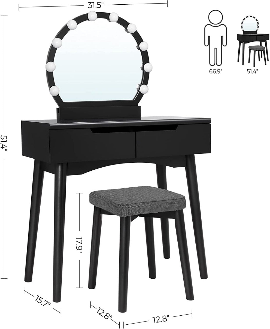 Dressing Table Makeup Table Desk with Large Round Mirror, 2 Sliding Drawers, 1 Cushioned Stool for Bedroom, Bathroom( Black)