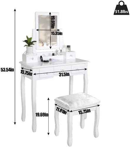 Dressing Table : Makeup Table & Cushioned Stool with 5 Drawers