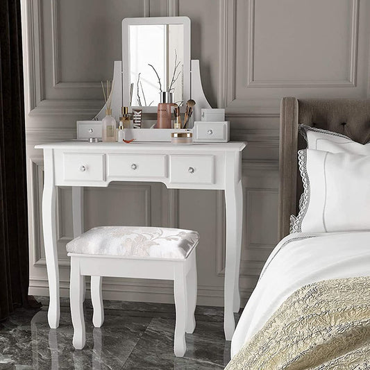 Dressing Table : Makeup Table & Cushioned Stool with 5 Drawers