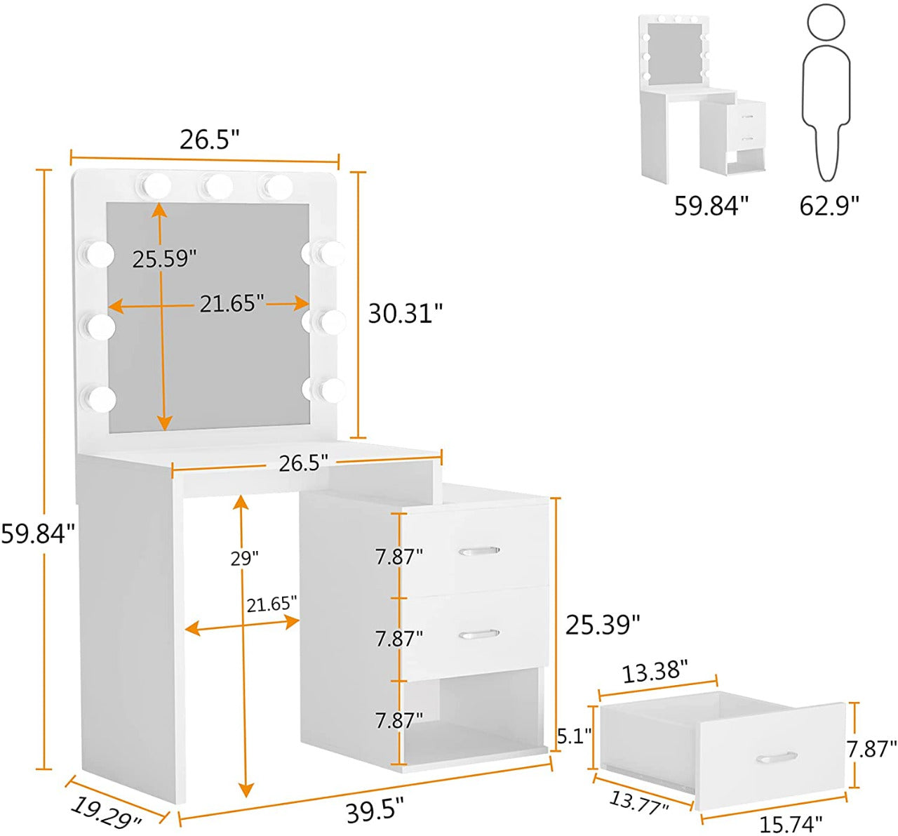 Dressing Table : Makeup Table with 3 Storage Drawers (White)