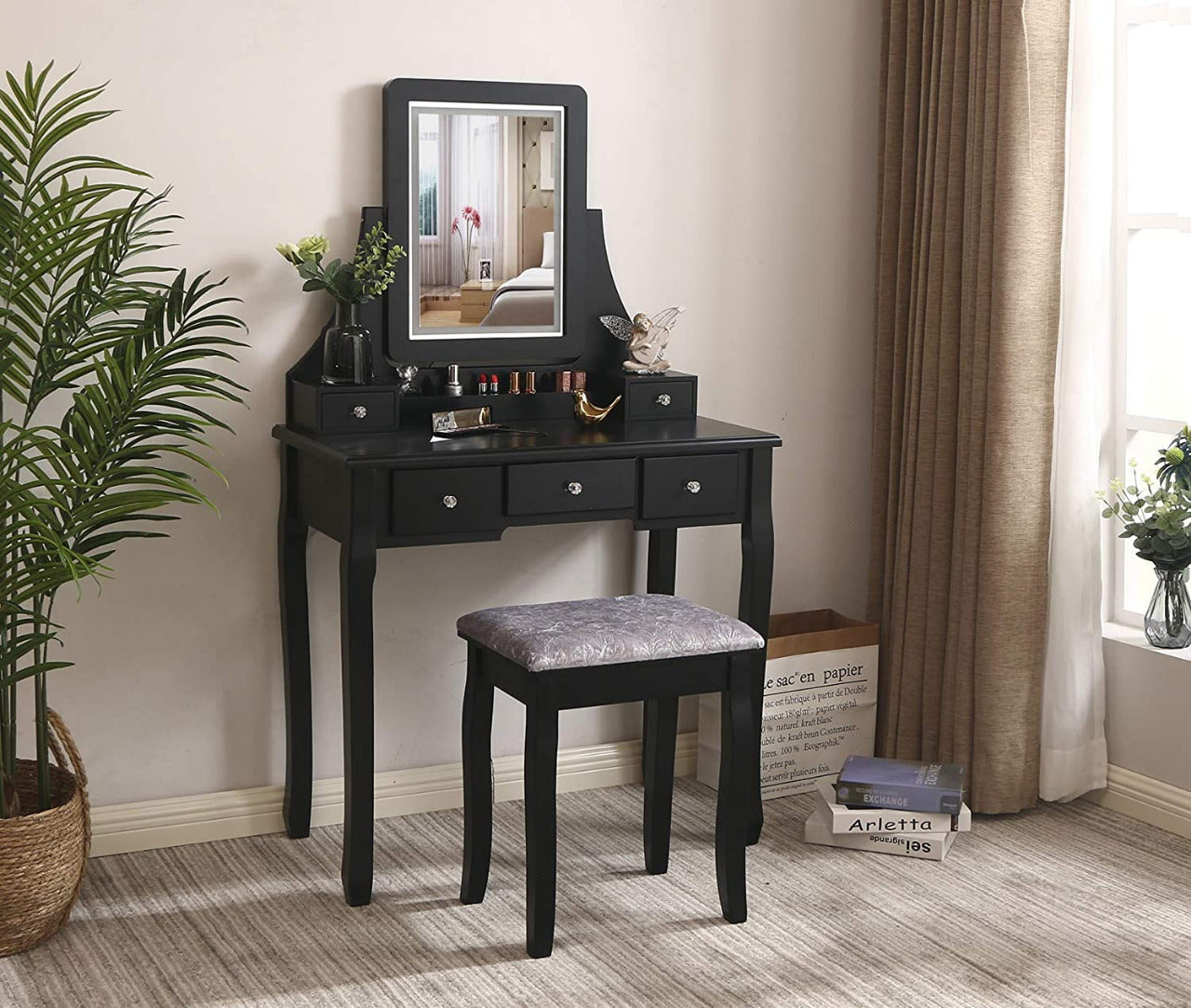 Dressing Table Makeup Vanity Makeup Table 5 Drawers 2 Dividers Removable Organizers (Black)