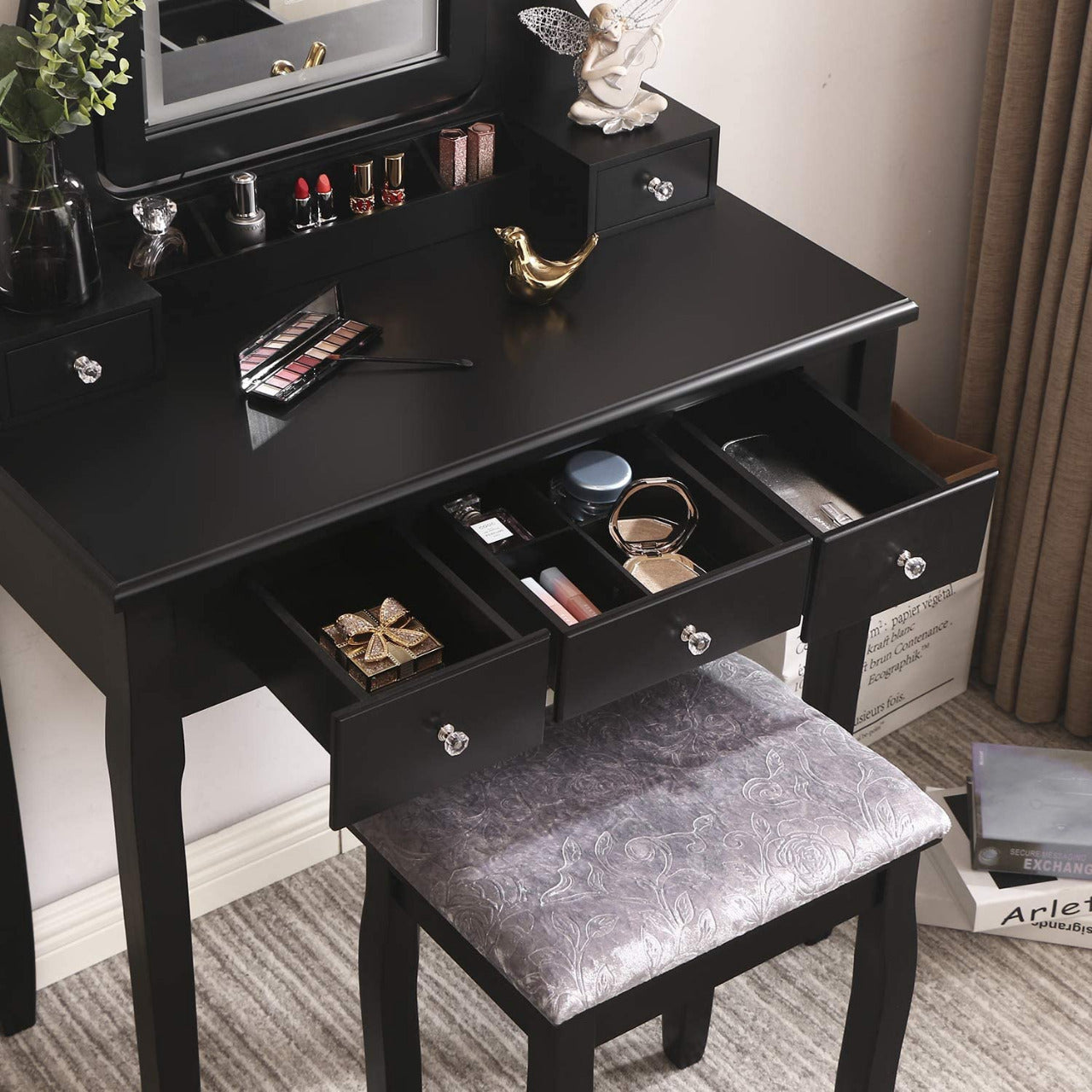 Dressing Table Makeup Vanity Makeup Table 5 Drawers 2 Dividers Removable Organizers (Black)