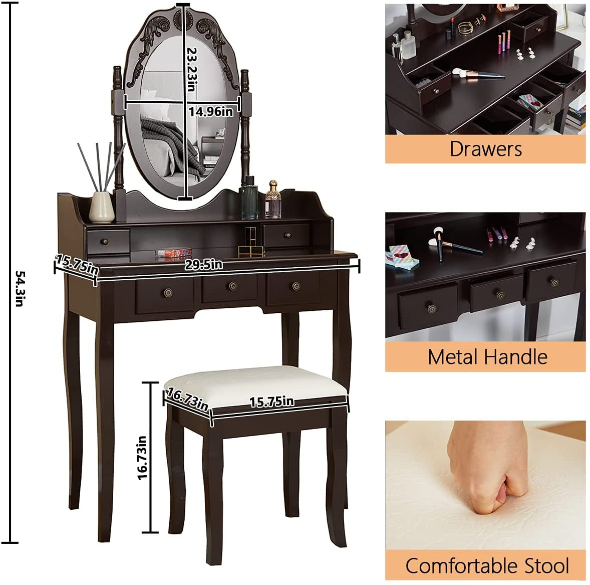 Dressing Table Makeup Vanity Set Vintage Dressing Table for Bedroom Brown