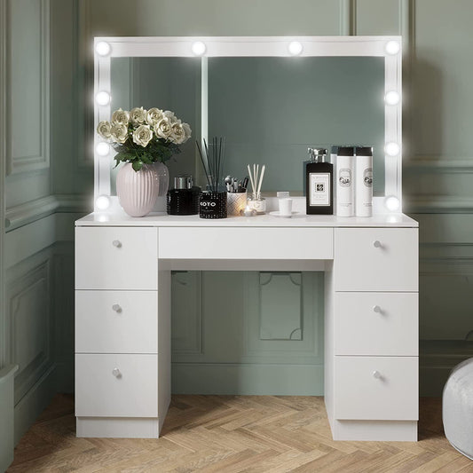 Dressing Table : Makeup Vanity Table 14 LED Bulbs, 07 Drawers, Smoked White