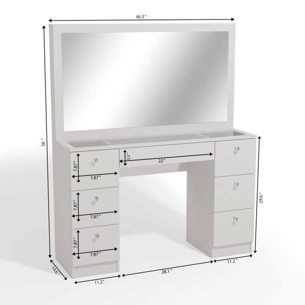 Dressing Table Makeup Vanity Table 14 LED Bulbs, 07 Drawers, Smoked White