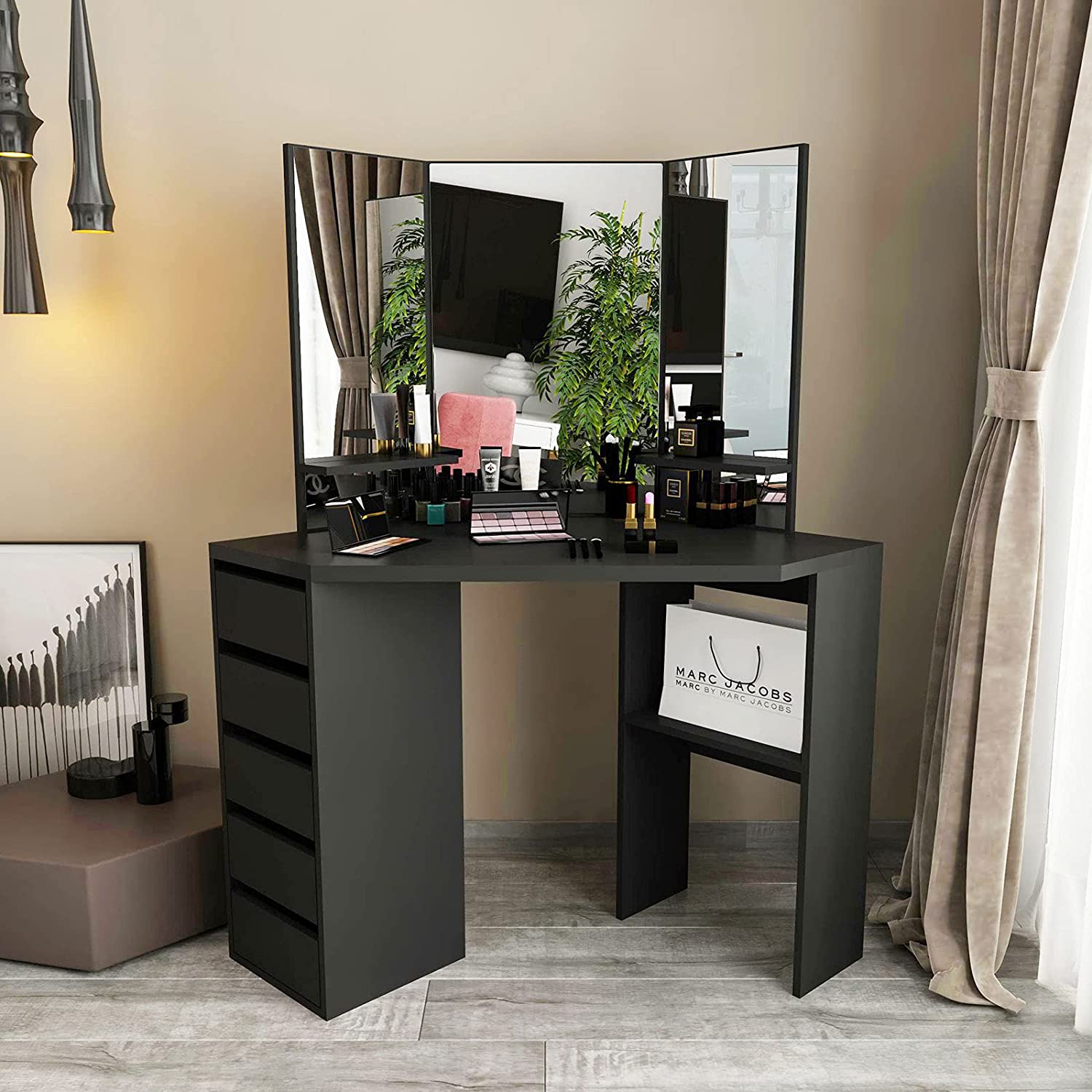 black dressing table design Modern Black Makeup Vanity Set Dressing Table with Lighted Mirror Cabinet & StoolHomary