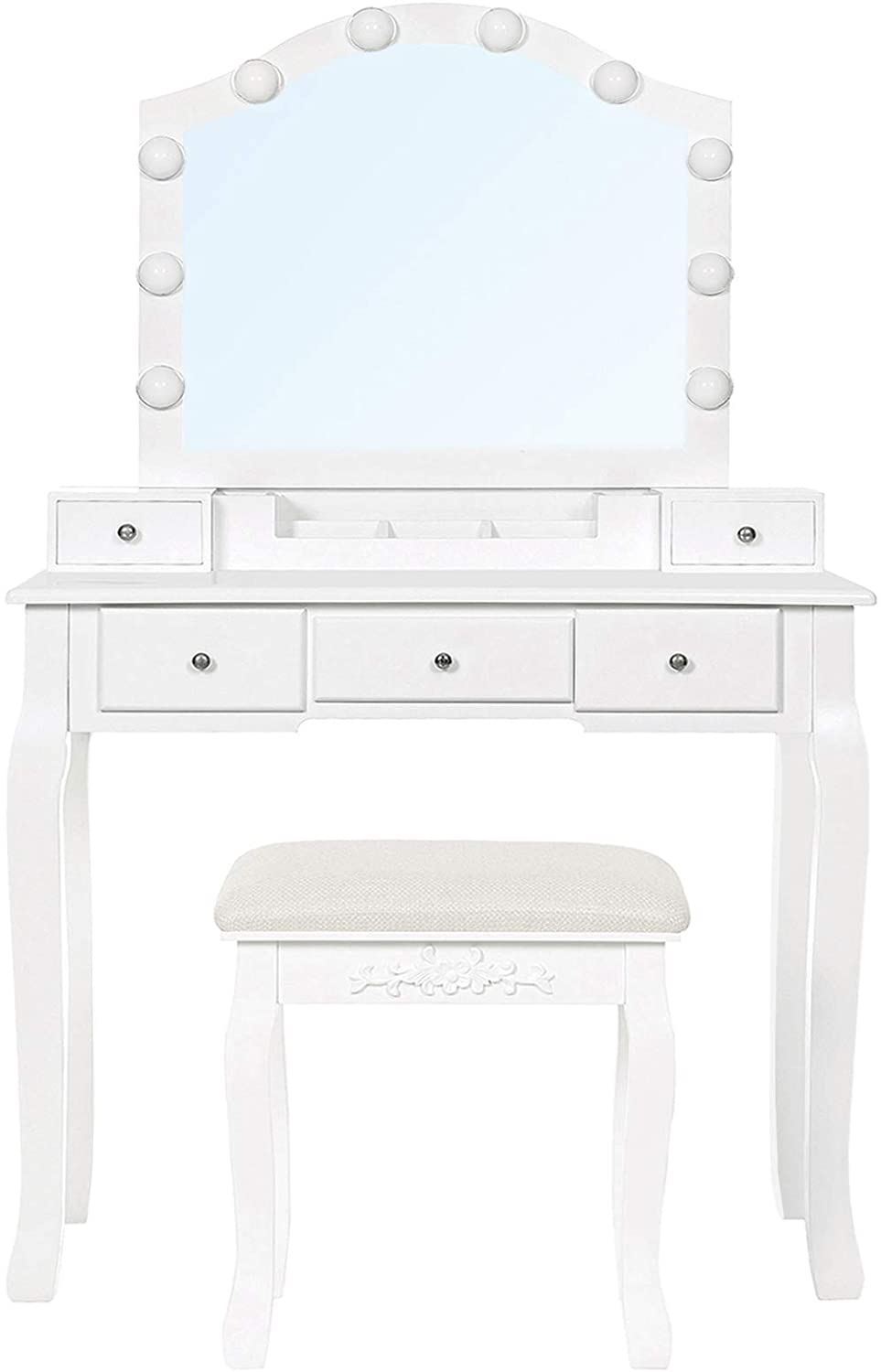 Dressing Table: Mirror, 10 Light Bulbs, 6-Slot Removable Dressing Table
