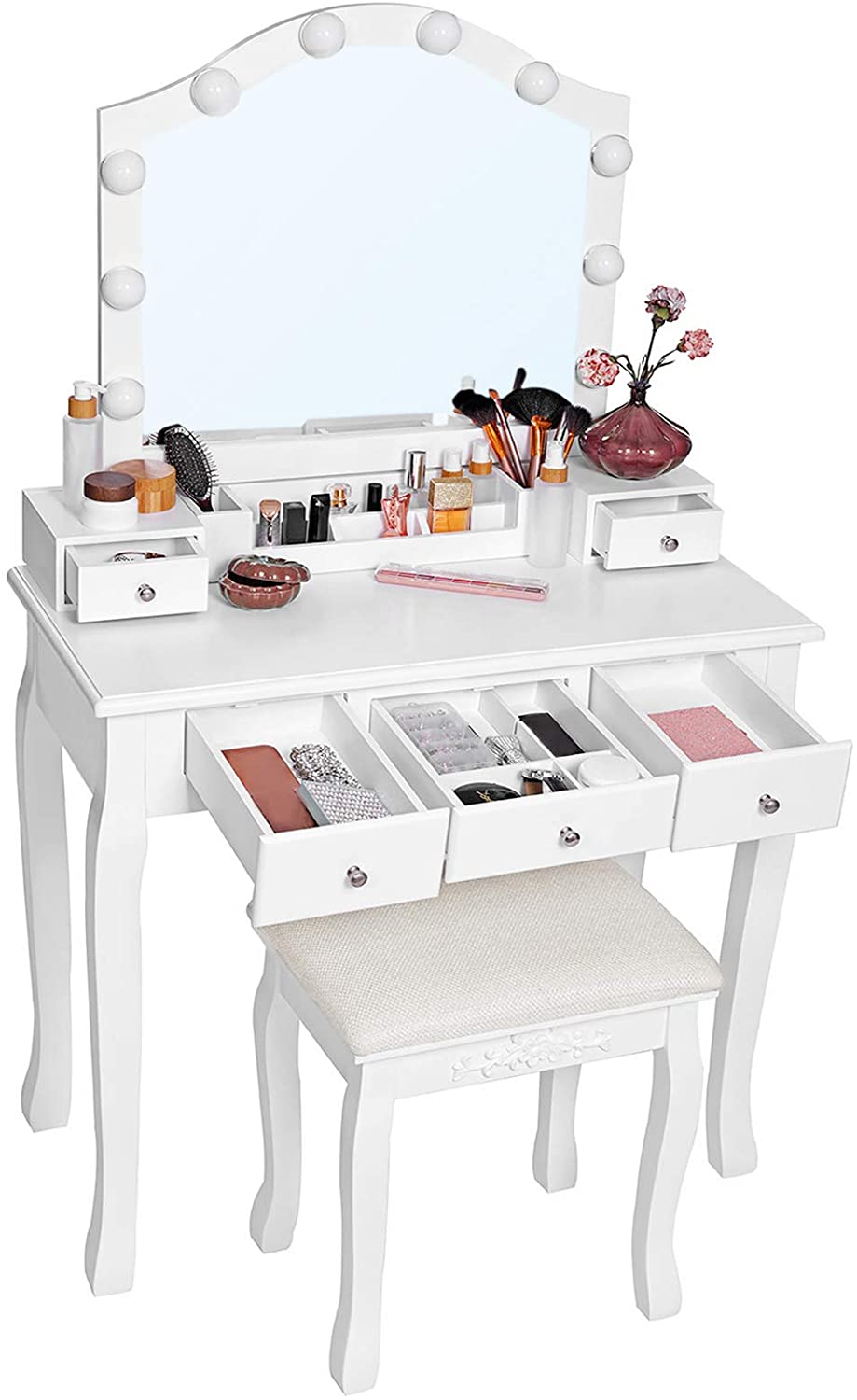 Dressing Table: Mirror, 10 Light Bulbs, 6-Slot Removable Dressing Table