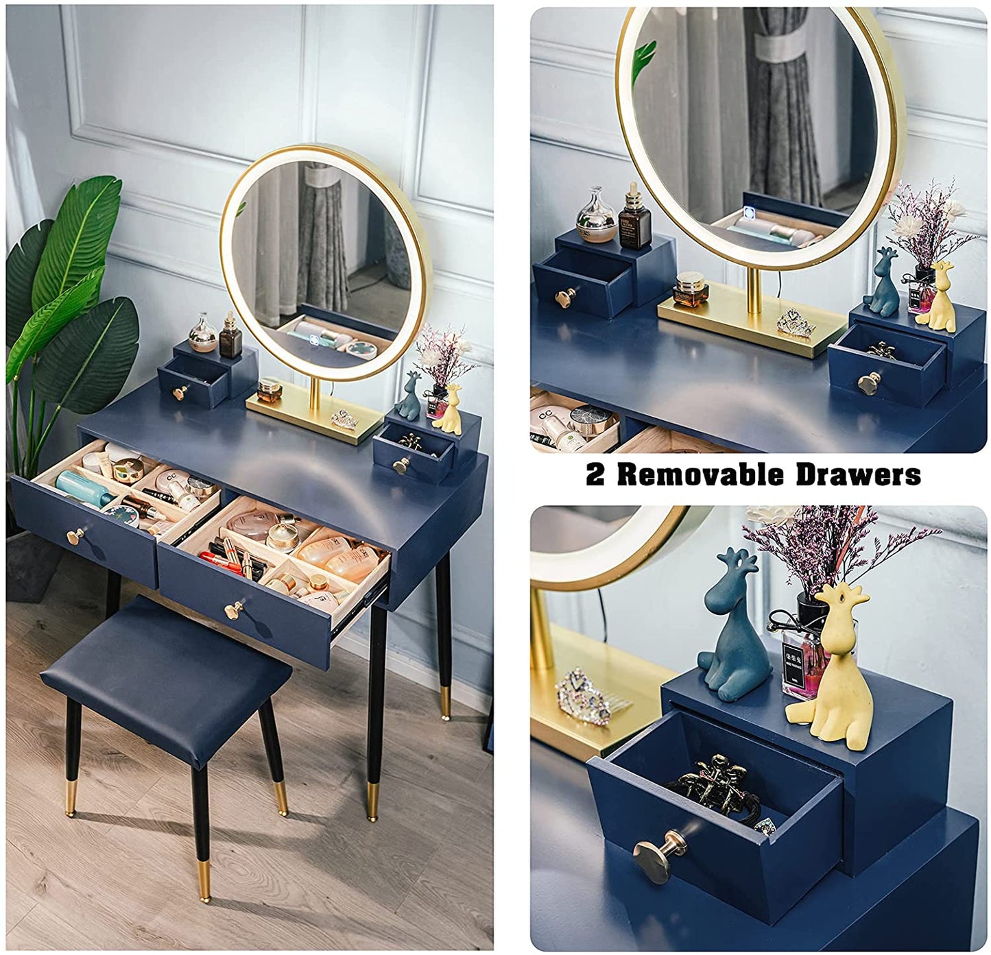 Dressing Table : Modern Blue Dressing Table with 4 Drawer & Cushion Stool