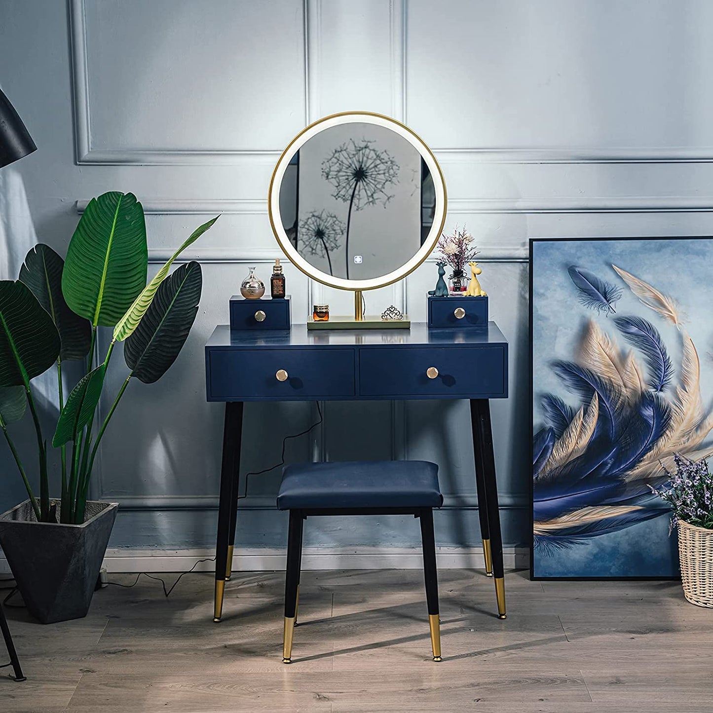 Dressing Table : Modern Blue Dressing Table with 4 Drawer & Cushion Stool