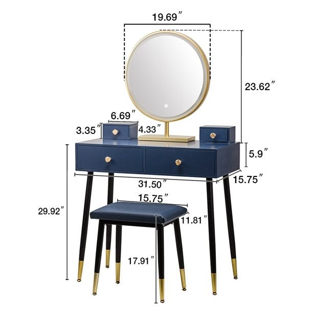 Dressing Table Modern Blue Dressing Table with 4 Drawer & Cushion Stool