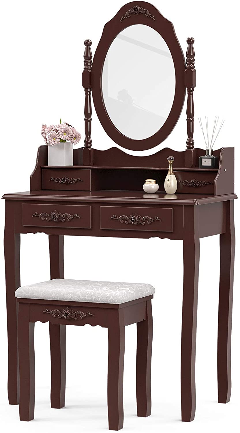 Dressing Table: Oval Mirror & Stool Black, Brown, White Dressing Table