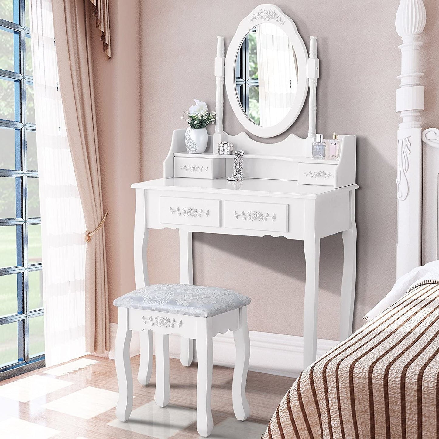 Dressing Table: Oval Mirror & Stool Black, Brown, White Dressing Table