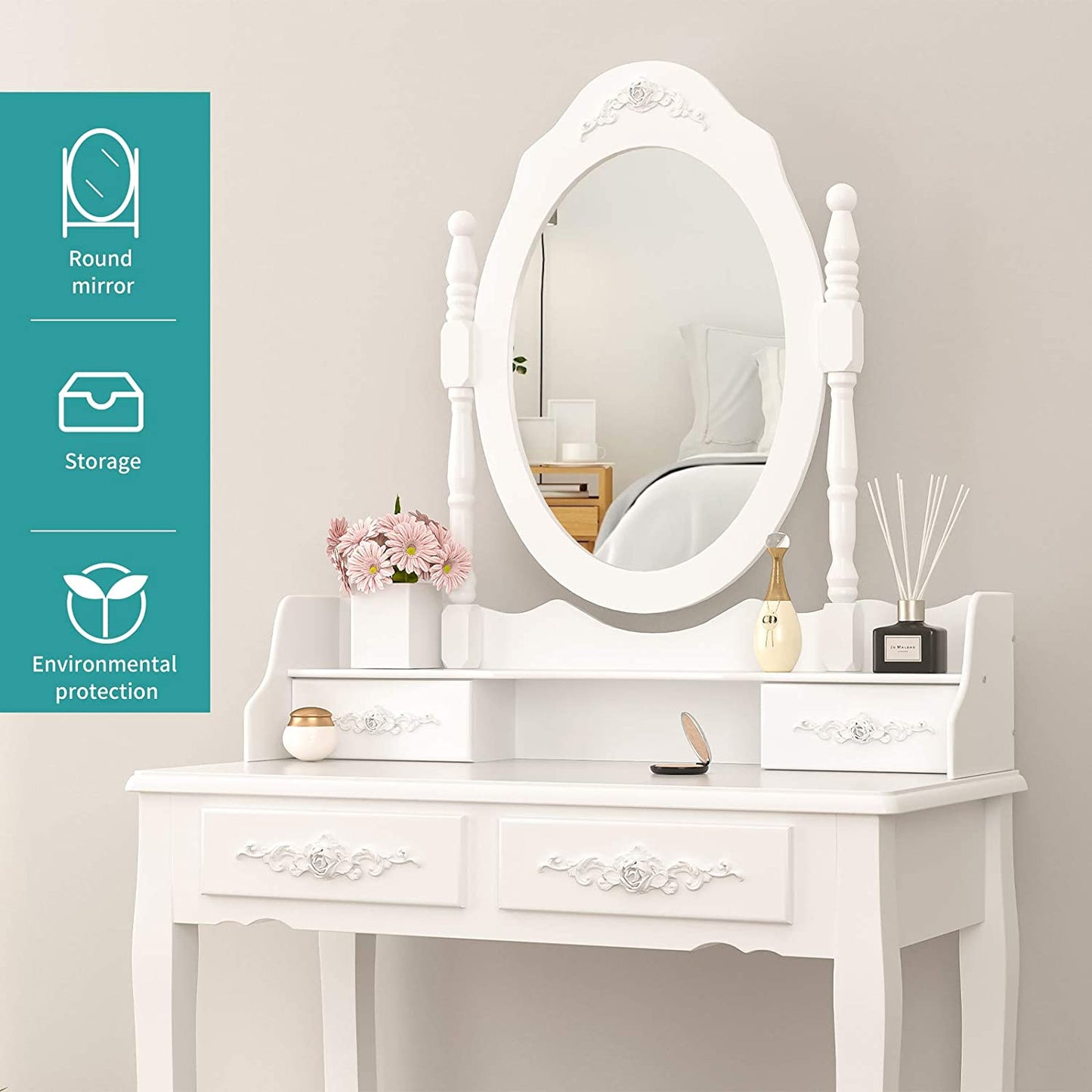 Dressing Table: Oval Mirror & Stool Black, Brown, White Dressing Table