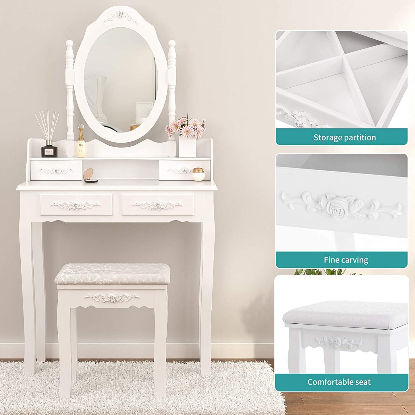 Dressing Table: Oval Mirror & Stool Black, Brown, White Dressing Table
