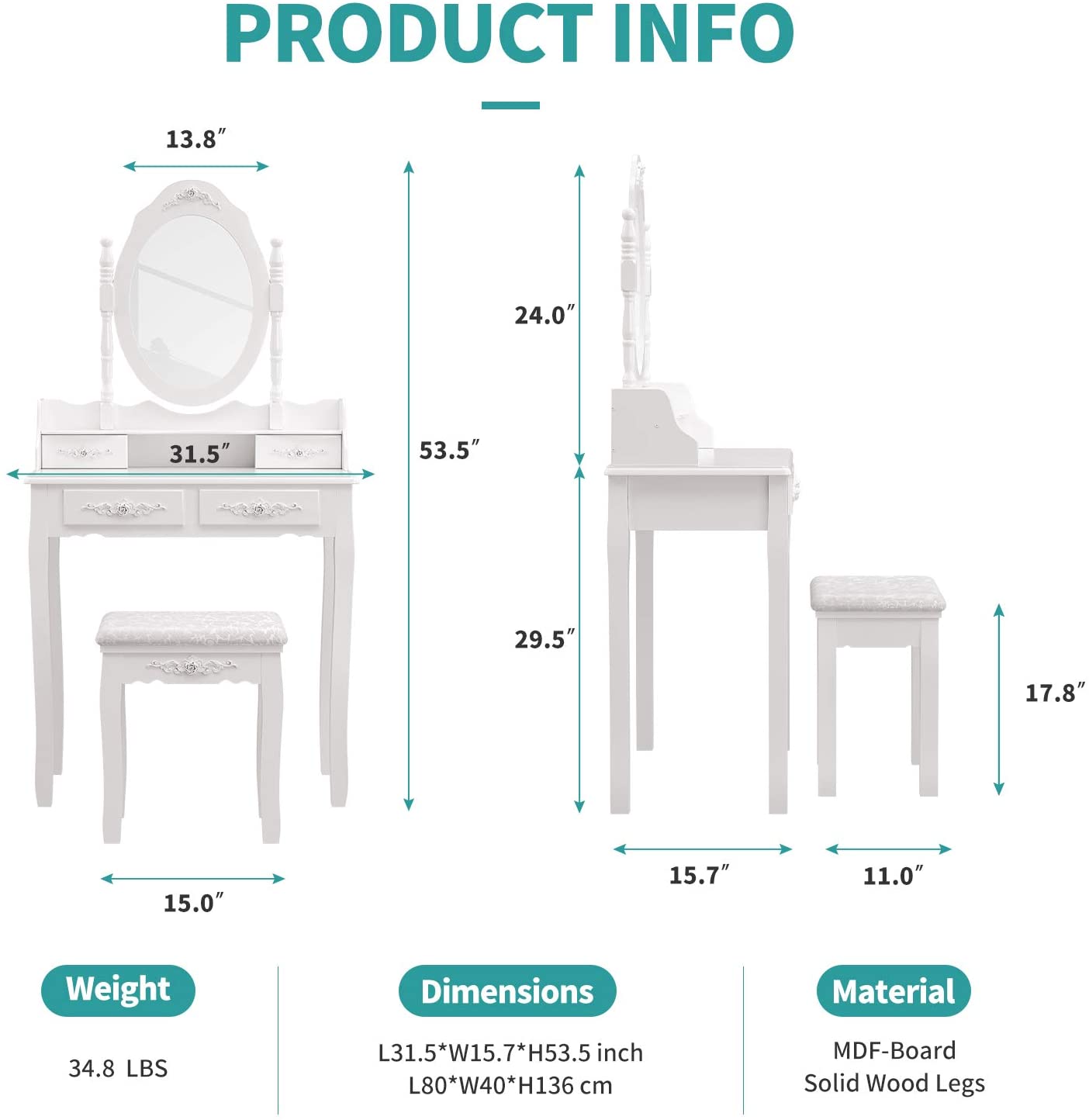 Dressing Table: Oval Mirror & Stool Black, Brown, White Dressing Table