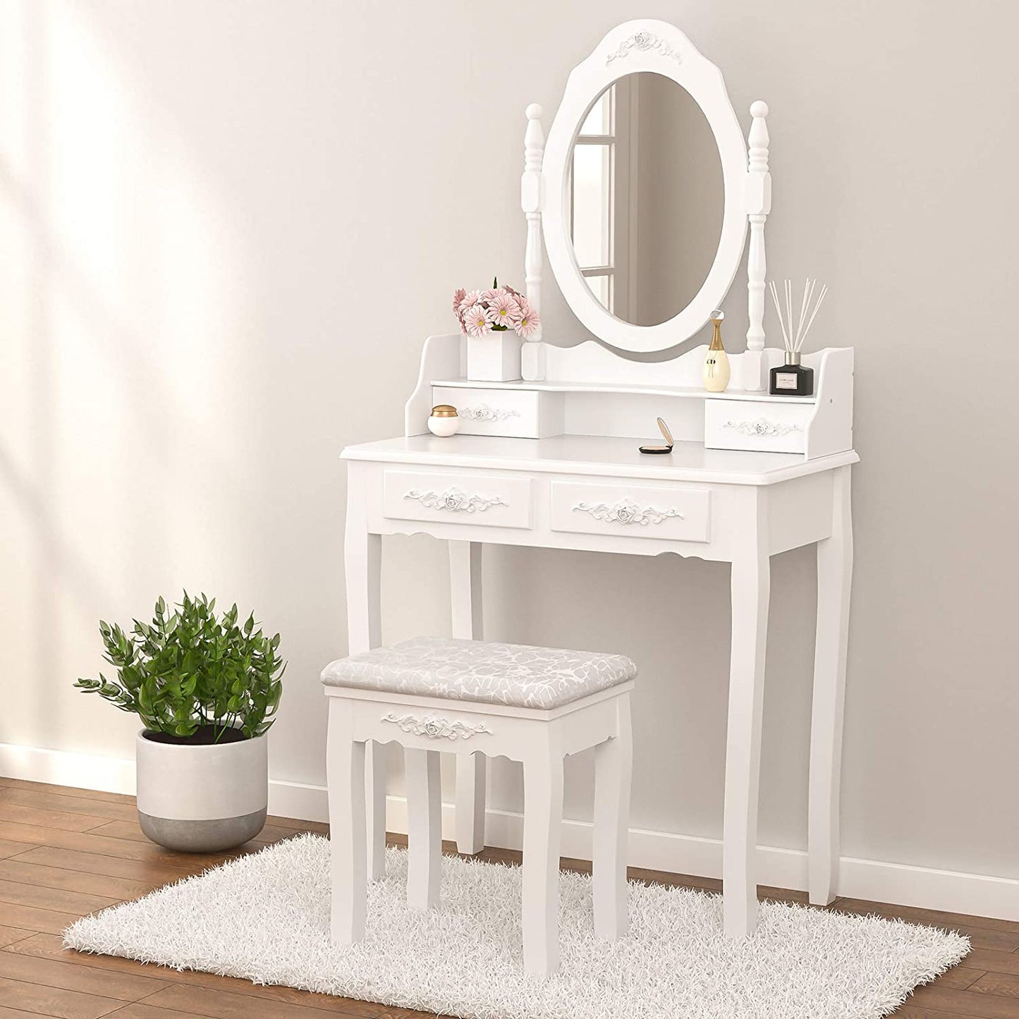Dressing Table: Oval Mirror & Stool Black, Brown, White Dressing Table