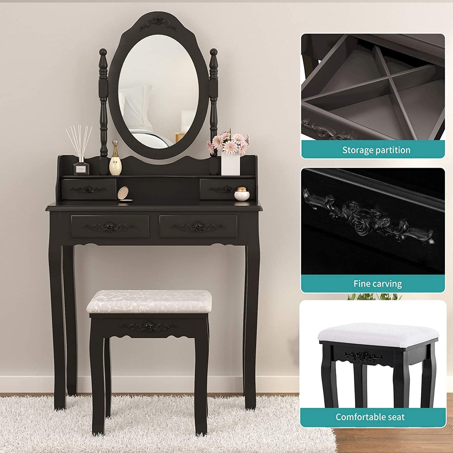 Dressing Table: Oval Mirror & Stool Black, Brown, White Dressing Table