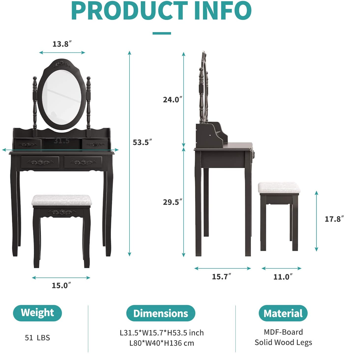 Dressing Table: Oval Mirror & Stool Black, Brown, White Dressing Table